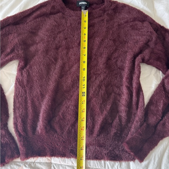 Express Burgundy Fuzzy Faux Fur Sweater XS Bateau Neck Long Sleeve Soft Cozy - Picture 5 of 10